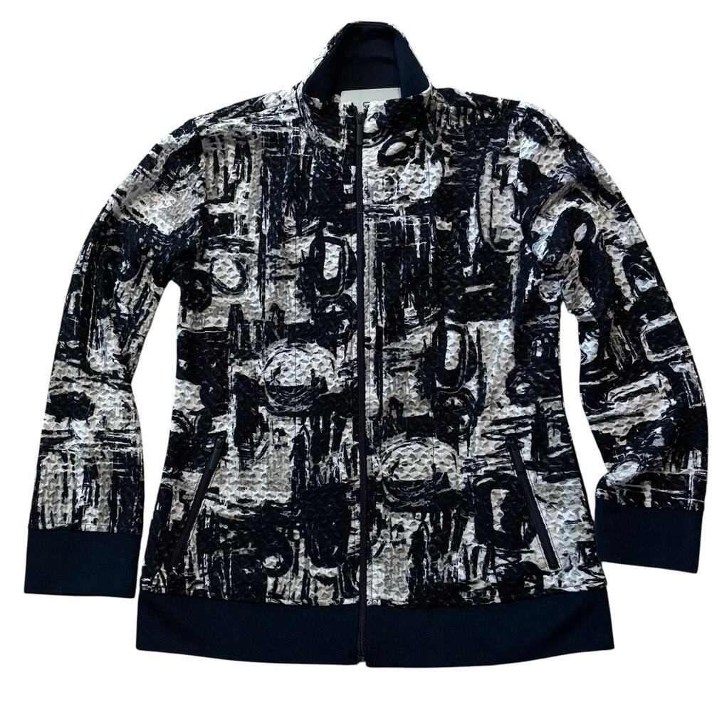 Chico's Travelers Lightweight Jacket Abstract Blue White Gray Full Zip Small (0)